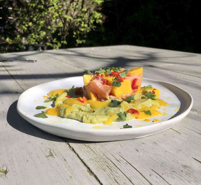 Ceviche van verse zalm met sinaasappel, citroen en limoen, avocadopuree en mango